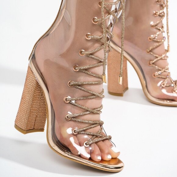 See Me Rose Gold Rhinestone Laces Heels Clear Upper Open Toe Ankle Boots NEW - Picture 4 of 13